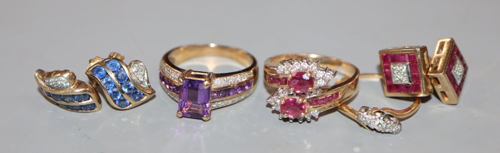 A modern 14k, ruby and diamond set dress ring, size M, gross 5 grams, an 18ct and small diamond ring, gross 1.6 grams & 3 x 375 items.